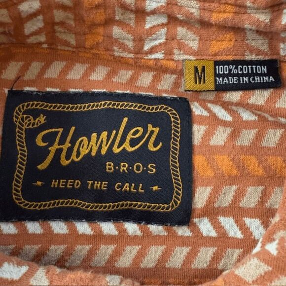Howler Bros Men's Geometric Snap Up Polo Shirt Orange White Size Medium - Picture 3 of 9